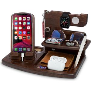 TESLYAR Wood Swivel Phone Docking Station Compatible with Apple Watch Ash Key Holder Wallet Stand Watch Organizer Men Husband Anniversary Dad Birthday Nightstand Father Graduation Male