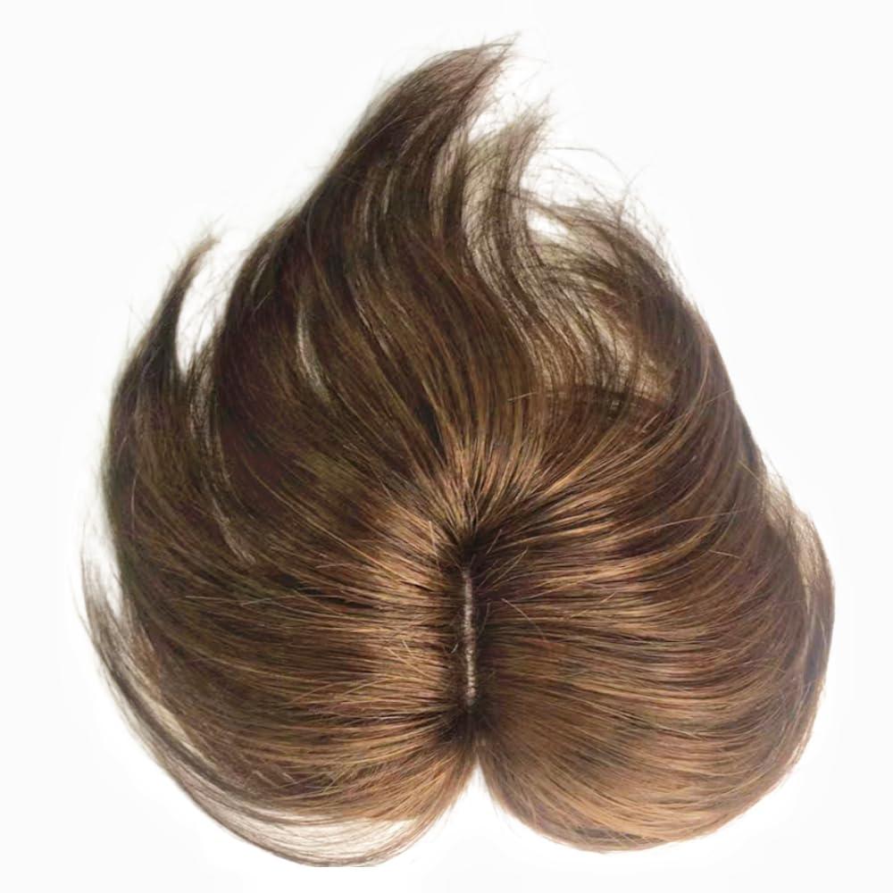 Real Human Hair Topper Light Thin Clip in Hair Bangs for Women and Men 6 inches Middle Part Straight Hairpieces (Light Brown)