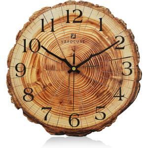 Lafocuse 12 Inch Silent Rustic Wooden Wall Clock Battery Operated, Brown Wall Clock for Living Room Bedroom Kitchen Home Decor, Annual Ring Design