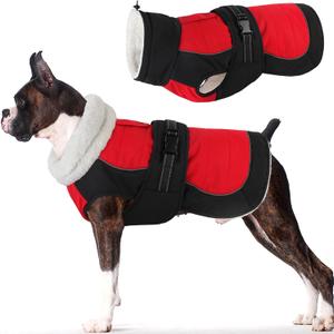 Dogcheer Dog Coat, Christmas Dog Jacket, Waterproof Turtleneck Puppy Winter Coat, Adjustable Pet Puffer Jacket, Reflective Warm Fleece Coats for Small Medium Large Dogs - Red, M