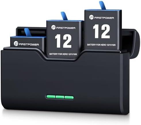 FirstPower Hero 12/11/10/9 Battery Pack of 3, 2250mAh and Triple Slot USB Fast Charger for GoPro Hero 12, 11, 10, 9