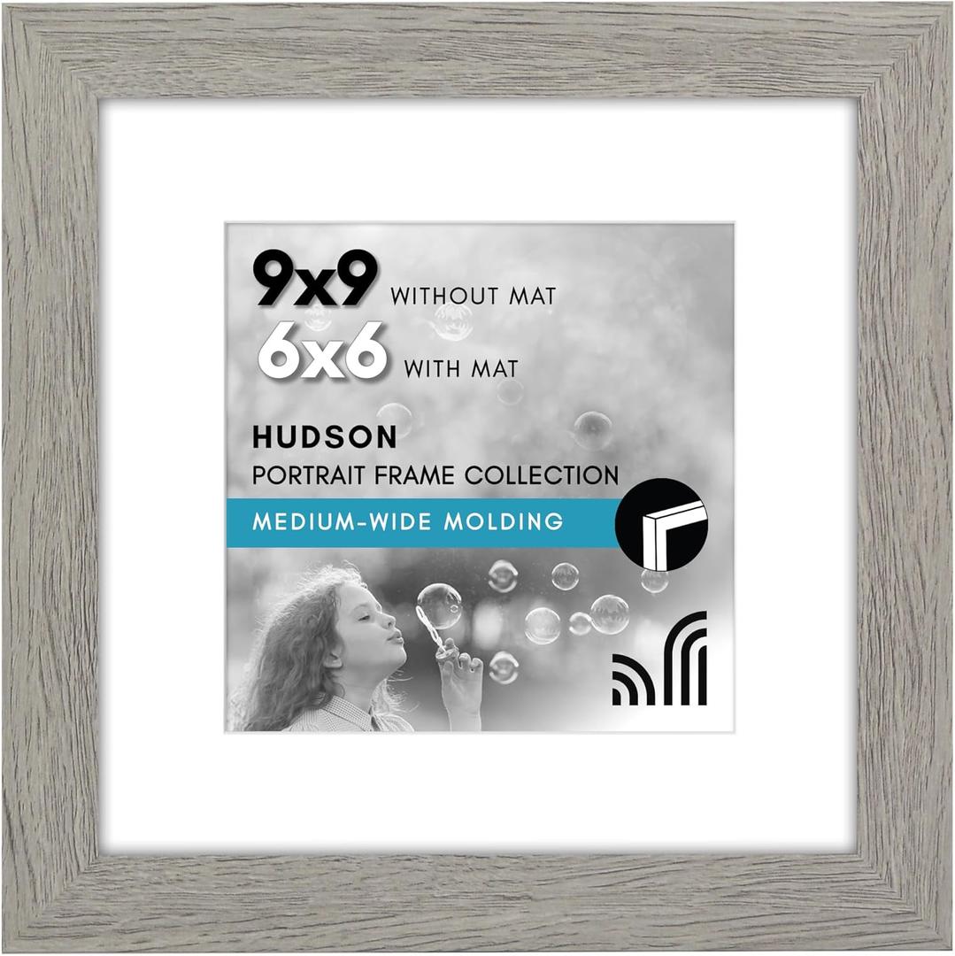 Americanflat 9x9 Picture Frame with Shatter-Resistant Glass - Use as 6x6 Frame with Mat or Display 9x9 Photo Without Mat - Hudson Collection - Wide Square Frames for Tabletop and Wall - Grey Wood