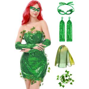 Funna Poison Costume Women Ivy Halloween Outfit 4 Piece with Eye Mask Gloves Cape (Green)