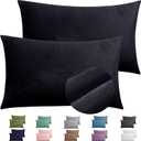 2 Pack Zippered Velvet Standard Pillowcases, Super Soft and Cozy Luxury Fuzzy Flannel Pillow Cases with Zipper, 20x26 Inches, Black