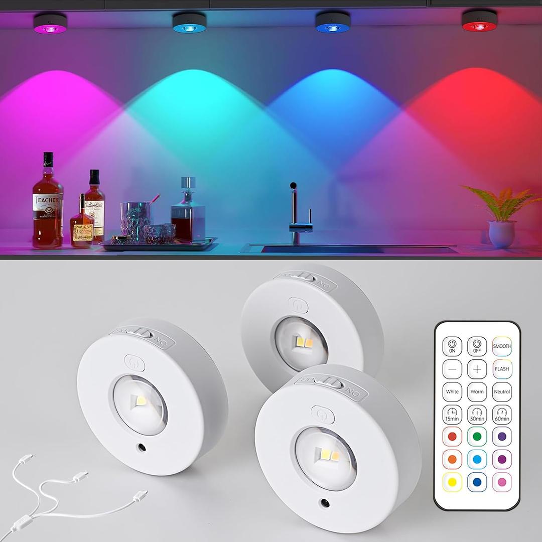 3 Pack Wireless RGB Under Cabinet Lights with Timer Function, Rechargeable Puck Lights with Remote Control, Dimmable Magnetic Stick On Light, LED Touch Tap Light for Kitchen, Cabinets, Closet