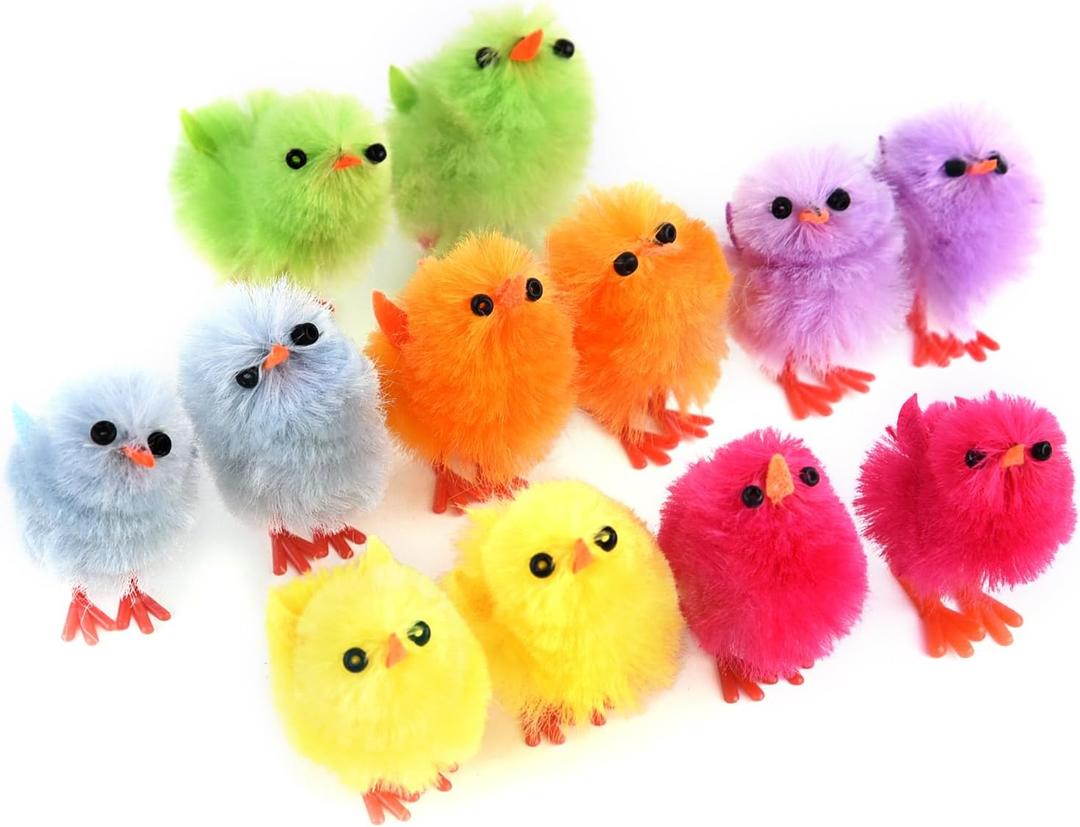 TUPARKA 12Pcs Mini Easter Chicks Vibrant Colors Chenille Cute Fully for Easter Party, Easter Egg Bonnet Decoration, Easter Egg Hunt