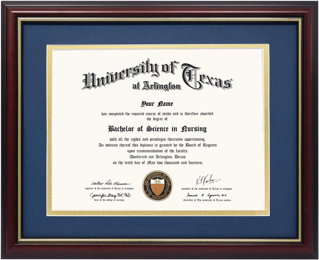 GraduationMall 8.5x11 Diploma Frame with Navy over Gold Mat or Display 11x14 Certificate without Mat,Solid Wood & UV Protection Acrylic,Cherry Finish with Gold Trim
