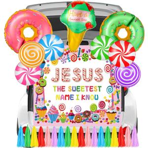 16 Pcs Religious Halloween Trunk or Treat Decorations Kit Christian Car Archway Garage Decor Banner Lollipop Donut Balloons Tassel for SUV Car House Party Decoration