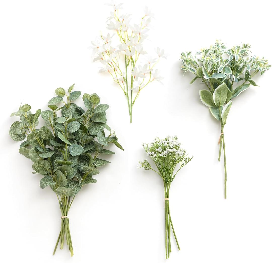 Ling's moment Artificial Greenery Stems Box Set, 15pcs with 4 Kinds of Faux Greenery Picks for DIY Bridal Bouquets Wedding Floral Arrangement Table Centerpieces, Tender Green & Sage Green