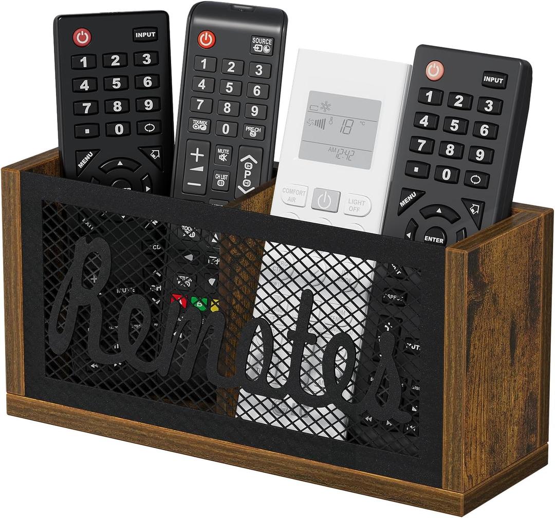 YINMIT Remote Control Holder Wall Mount, TV Remote Holder for Wall, Remote Caddy for Table, Remote Organizer Divided Storage Box for Wall, Table, Living Room, Bedroom (Small, Rustic Brown - Style A)