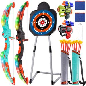 TWFRIC 2 Pack Bow and Arrow for Kids - LED Light Up Archery Set with 16 Arrows, 1 Standing Target & 2 Quivers - Fun Indoor/Outdoor Toy for Boys & Girls Aged 3-12! (Blue)