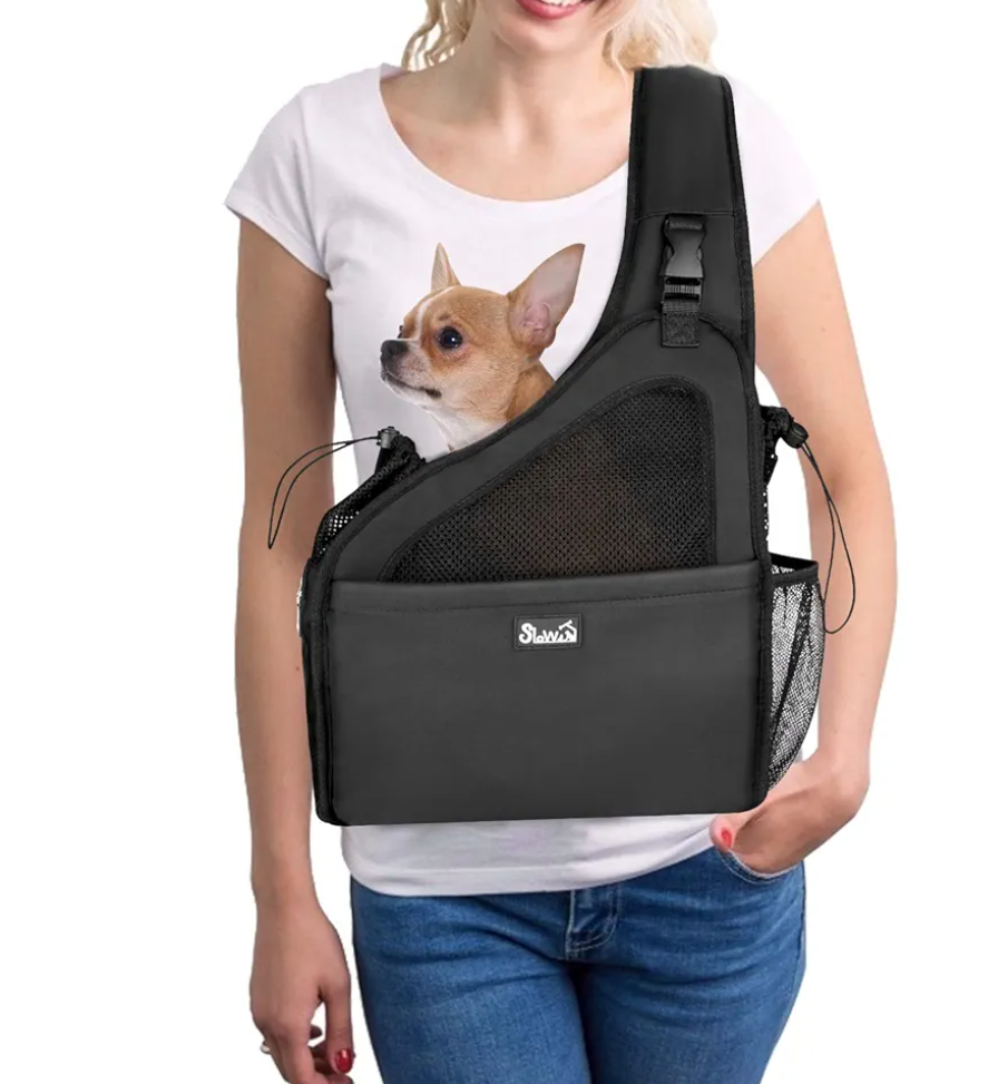 SlowTon Pet Dog Sling Carrier, Hands Free Hard Bottom Papoose Small Animal Puppy Up to 6 lbs Travel Bag Tote Breathable Mesh Support Adjustable Padded Strap Pocket Safety Belt Machine Washable