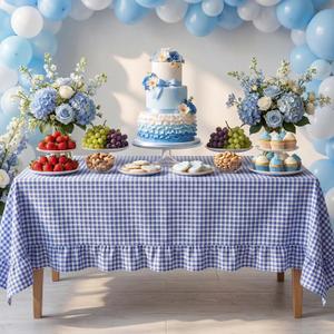 Mindsoft Blue Gingham Ruffled Tablecloth 84 x 60 Inches Rectangle Cotton Linen Checkered Table Cloth Buffalo Plaid Farmhouse Vintage Decorative Tablecover for Picnic Kitchen Dining Room Home Party