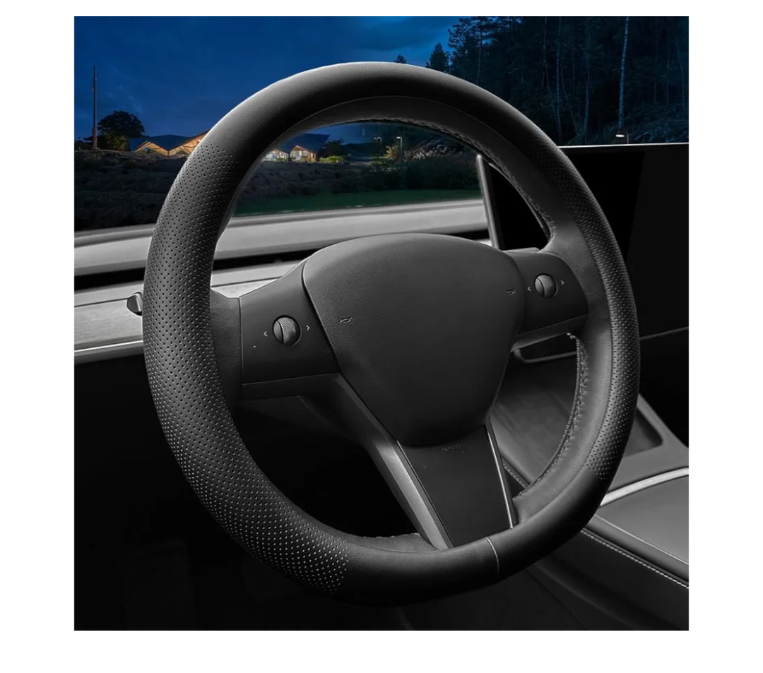 LKWLIKEI Nappa Leather Ultra-Thin Steering Wheel Cover, for Tesla Model 3/Y Steering Wheel Cover, Non-Slip Design and Interior Modification of car Accessories (Black)
