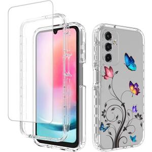 Case for Galaxy A24 4G Case, Samsung A24 4G SM-A245F Case with Tempered-Glass Screen Protector, Clear Floral Pattern Full Body Protective Phone Cover for Samsung Galaxy A24 4G Butterfly Tree