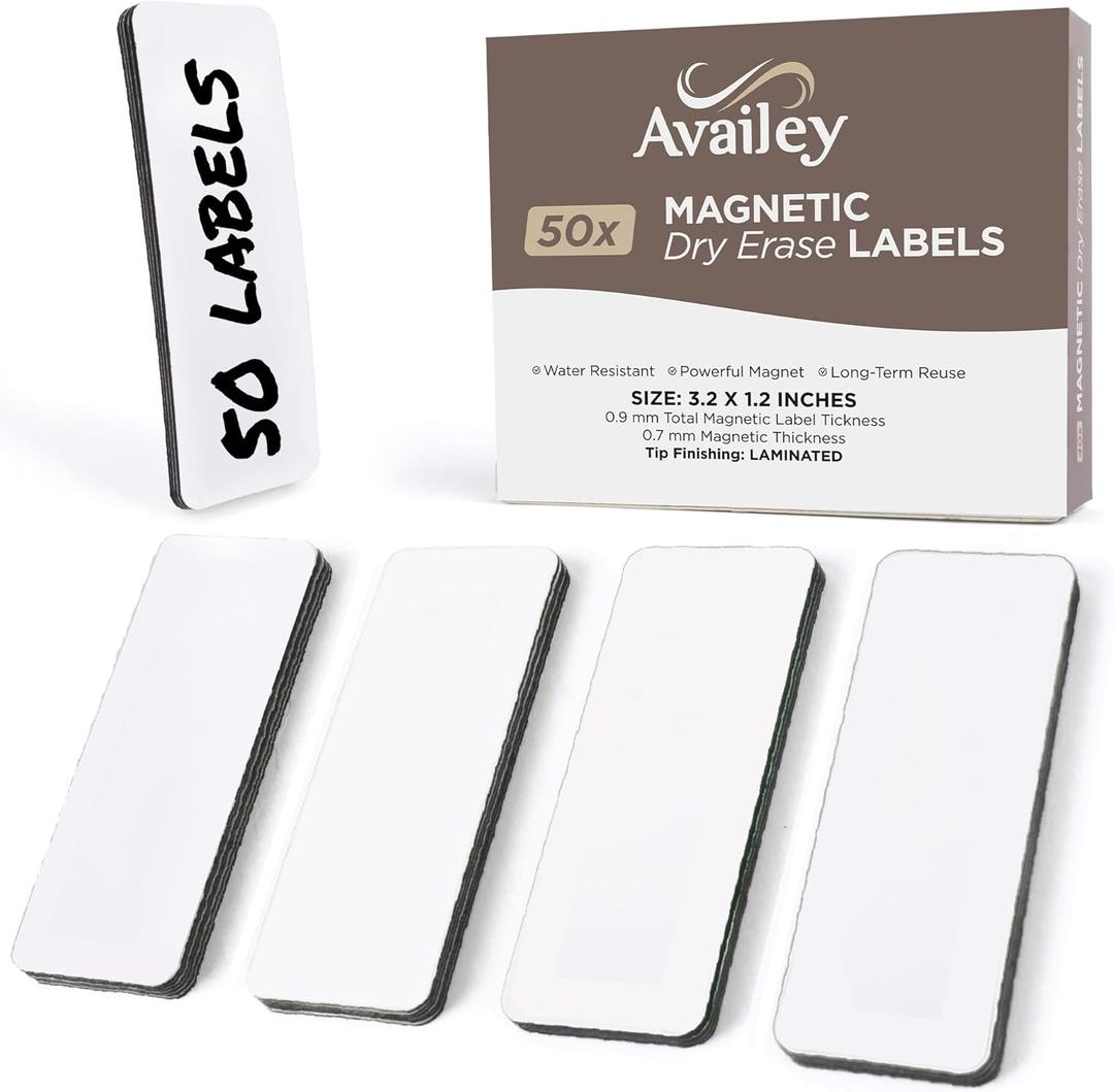 Availey 50 Pieces (3.2 x 1.2) - White Magnetic Dry Erase Labels - Reusable Strips for Classroom Home Office Garage Refrigerator Blank Writable Erasable Cards Name Tags Students Locker Shelf