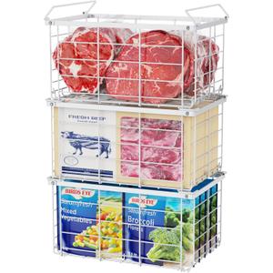 iSPECLE Deep Freezer Organizer Bins - 3 Pack Large Freezer Organizer Bins for 5 to 7 Cu.Ft Chest Freezer, Stackable Easy Access Food No More Digging, Sturdy Metal Wire Basket Not Scratch Bottom, White