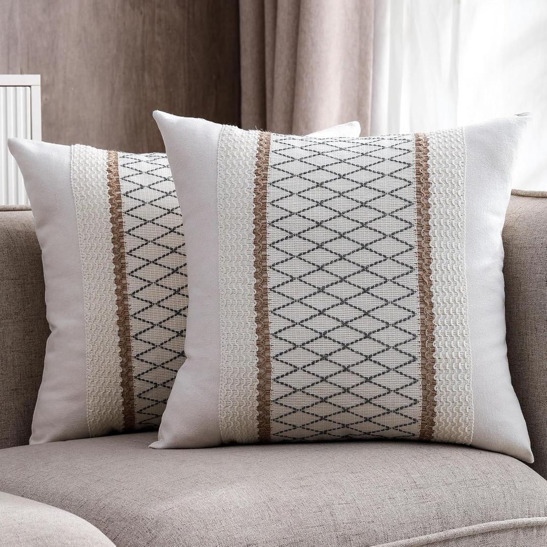 Boho Throw Pillow Covers 18x18 Set of 2 Soft Linen Farmhouse Pillow Covers Rustic Neutral Decorative Pillow Cases for Couch,Bed,Living Room Home Decor (Grid-grey)