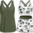 Daci Womens 3 Piece Tankini Swimsuits with Skirt - Tummy Control Bathing Suit Swim Tank Top Sport Bra 2026 Athletic Swimwear (Large, Green Palm Tree)