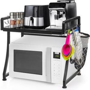 DEAYOU Extendable Microwave Oven Rack, 2-Tier Toaster Stand Utensils Storage with 8 Hooks, Adjustable Kitchen Countertop Organizer Shelf for Air Fryer, Rice Cooker, Spice, 110lbs Weight Capacity