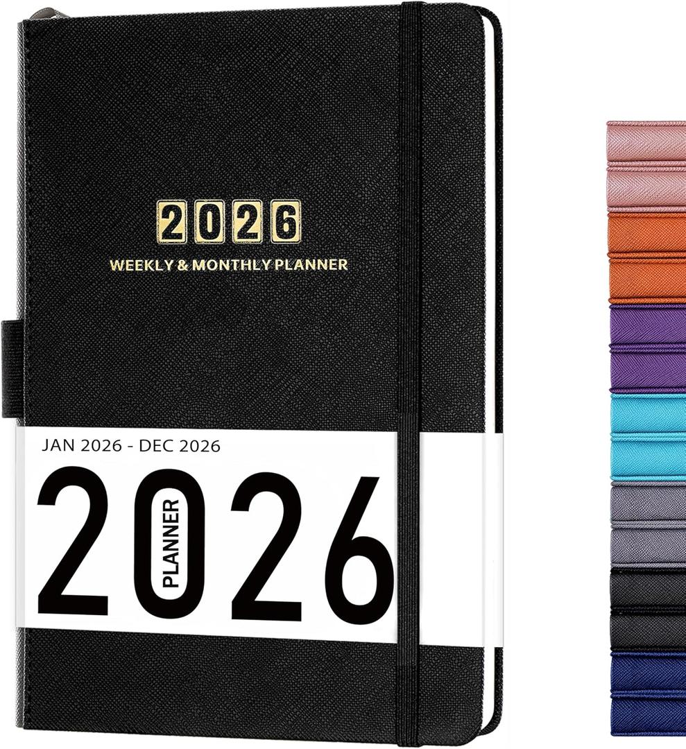 2026 Planner - Planner 2026, 12-Months 2026 Planner Weekly and Monthly, Jan. 2026 - Dec. 2026, 5.75" x 8.25", Saffiano Leather with Thick Paper, Back Pocket with Notes Pages (Dark Black C)