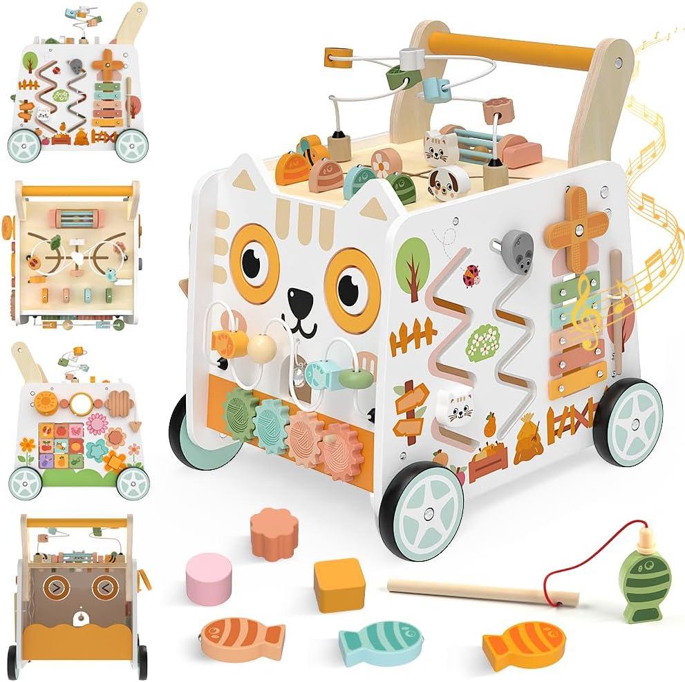 Wooden Baby Walker, Baby Push Walker with Wheels, 16-in-1 Montessori Activity Center Bead Maze Shape Sorter Xylophone, Height Adjustable Walking Toy 12+ Months, 1 Year Old Birthday Gifts Boys Girls
