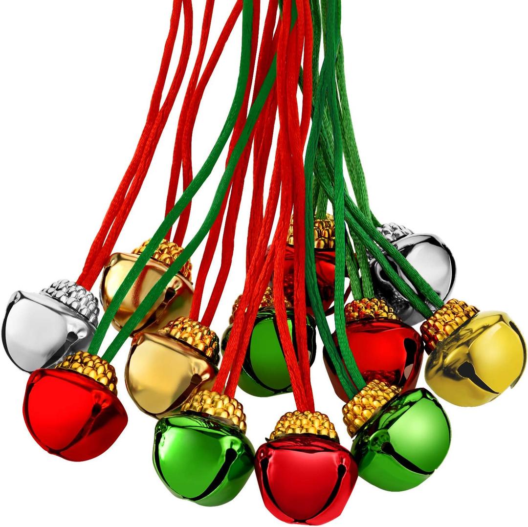 72 Pieces Christmas Bell Necklaces Christmas Holiday Decoration Bell Necklaces Golden and Silver Bells Xmas Hanging Bells Xmas Crafts, 8 Styles