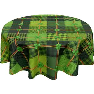 St Patrick's Day Tablecloth Round 60 Inch Irish Shamrock Clover Green Patchwork Table Cloth Circle Saint Patrick's Day Table Cover Tabletop for Home Decor Dining Room Kitchen Party Picnic