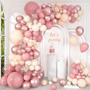 Ouddy Life 136Pcs Dusty Pink Balloons Arch Kit, Blush Pink Rose Gold Nude Ivory Confetti Latex Heart Foil Balloon for Girls Mother's Day Balloons Wedding Baby Shower Boho Birthday Party Decor