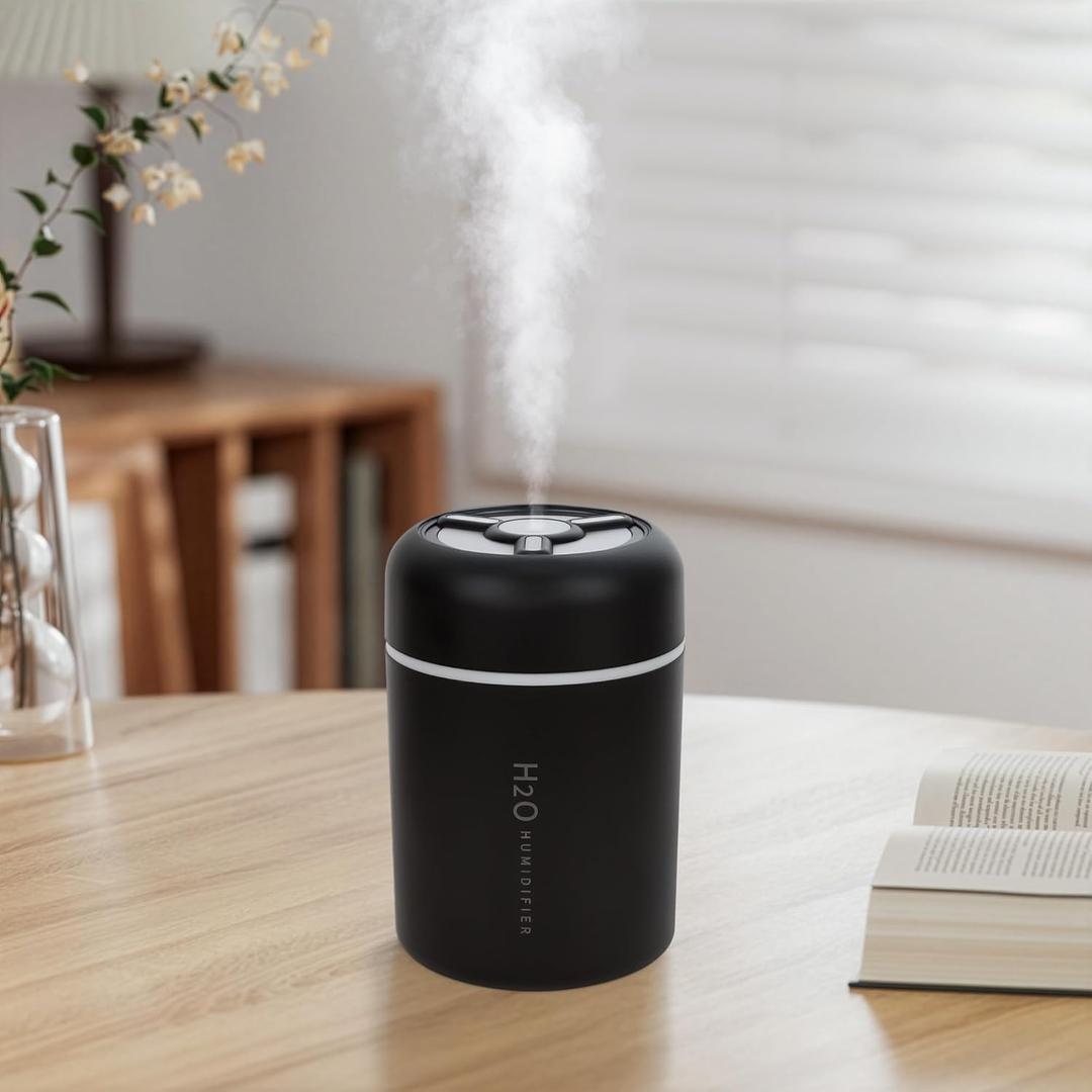 Portable Mini Humidifier, 300ml USB Cool Mist Small Humidifier with Colorful Lights. Perfect for Bedroom, Office, Plants, travel & Car (Black)