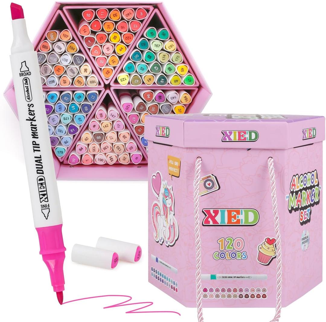 [2025 Upgraded Alcohol Markers, 120 Colors Premium Hexagonal Markers Set Gift Box for Kids, Students, Adults, Artists in Coloring & Drawing(Fine &Broad) (Pink)