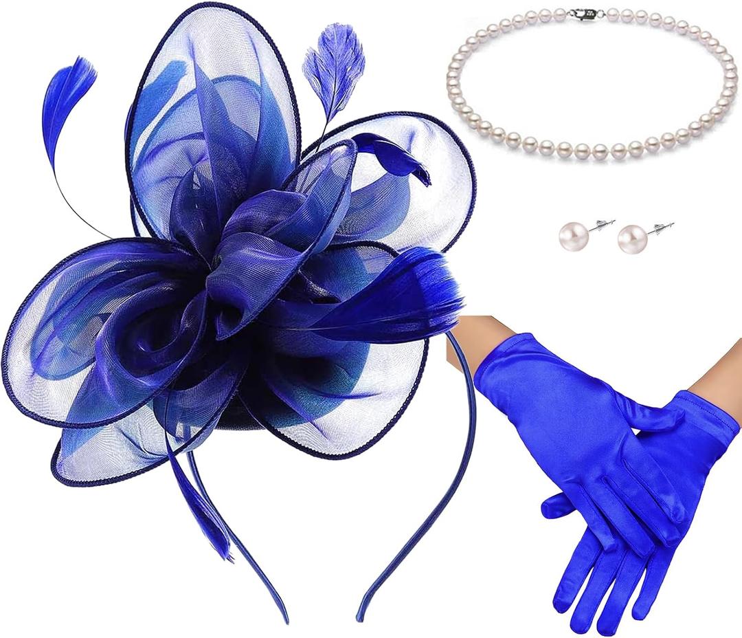 Fascinators Hats with Gloves Set for Women 20s 50s Cocktail Tea Party Wedding Costume Headwear (Blue, S)