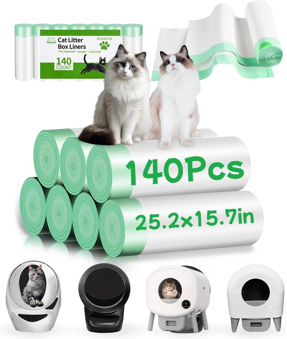 140 Count Cat Litter Bags Liners, Pre-separated Litter Robot Bags for Automatic Litter Boxes & Litter Robot 4/5/3, Thick 10-12 Gal Cat Waste Bags with Strong Ties, Fits Pans Under 24"