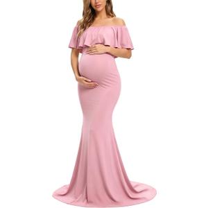 Glampunch Womens Off Shoulder Maternity Dress Ruffles Elegant Slim Gowns Fit Maxi Photography Dress, S