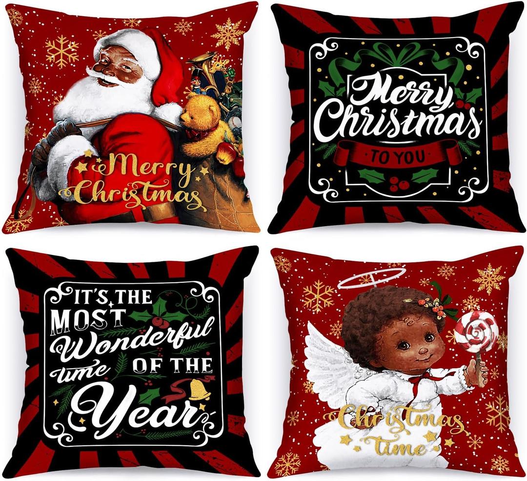 Lanpn Black Santa 22x22 Christmas Pillow Covers Set of 4, Black African American Claus Girl Decorative Holiday Throw Pillow Case Cushion Cover 22 x 22 for Indoor Sofa Couch Xmas Decor