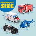 JOYIN 4 Packs Emergency Vehicle Toy Playsets, Friction Powered Vehicles with Light and Sound, Including Fire Truck, Ambulance, Play Police Car and Helicopter, Toddler Kids Boys Gifts