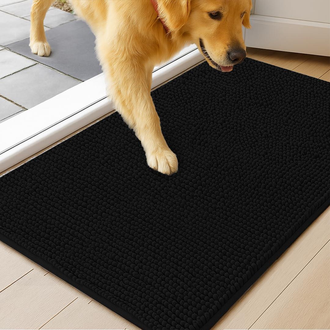 MudGuard Mat Dog Door Mat for Muddy Paws, Super Absorbent Microfiber, Non-Slip Indoor Mat, Quick Dry Chenille Mud Mat for Dogs & Entryway, Washable, Black 24" x 60"