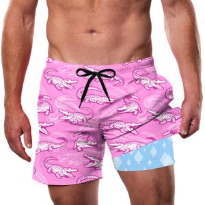Cozople Men's Swim Trunks with Compression Liner, Pink Crocodile, XXL (XXL)