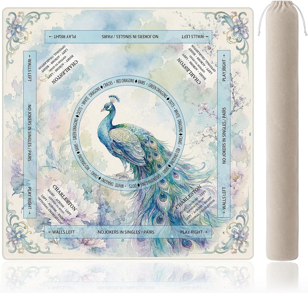 Blue Watercolor Peacock Mahjong Mat for Table with Rules
