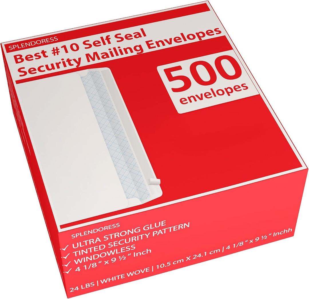 #10 Envelopes Letter Size Self Seal | 500 Business Mailing Security Peel and Sealing Envelope | 100% Tinted | no 10 White Windowless Legal Regular Plain Envelops Pack | 4-1/8 x 9-1/2 Inches | 24 LB, 500 Count