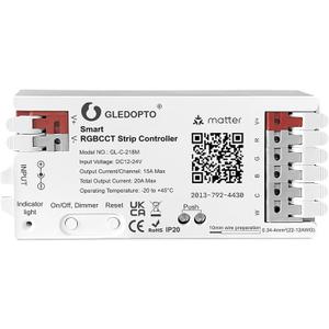 GLEDOPTO Matter RGBCCT LED Controller 20A Current Max for PWM Analog LED Strip Light APP Voice Control RGBW RGB Dimmable Work with Homekit Google Amazon Echo Alexa (Matter Hub Required)
