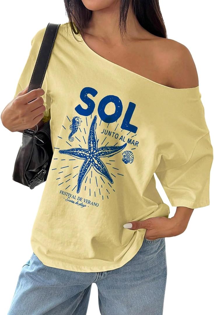 SOLY HUX Women's Off The Shoulder Graphic Tees Oversized Tops Short Sleeve Drop Shoulder Summer Baggy Tshirts S