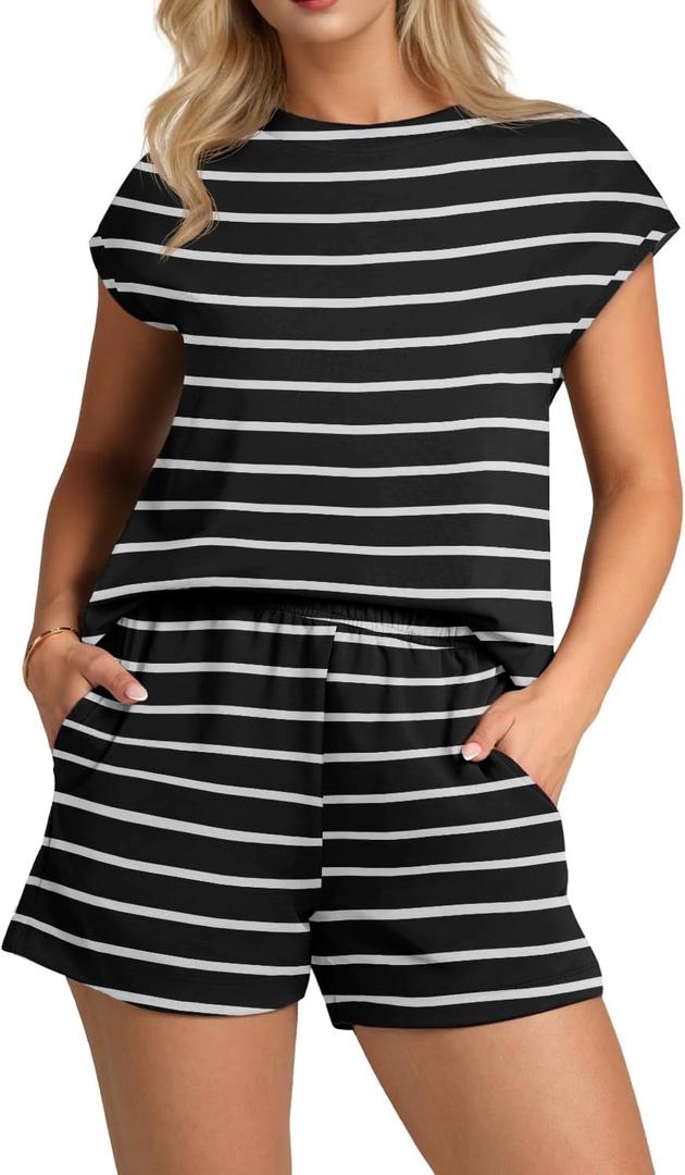 PrinStory 2 Piece Lounge Sets for Women Summer Outfits Short Sleeve Womens Short Sets Casual Matching Set (Black, L)
