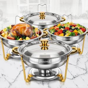 Chafing Dishes for Buffet 4 Pack 5QT Gold SS Round Warmer | Food Warmer with Stainless Steel Lid, Lid Holder & Stackable Design, Design for Home Parties & Small Catering Events