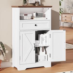 Floor Cabinet, Farmhouse Storage Cabinet with Barn Doors and Drawer, Freestanding Adjustable Shelf Organizer for Bathroom, Kitchen, Living Room White