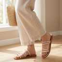 Trary Women's Flat Sandals, Round Open Toe Multi Strap Slide Sandals with Metal Accent, Strappy Dressy Summer Flip Flops Comfortable Casual Beach Shoes for Women US 7.5