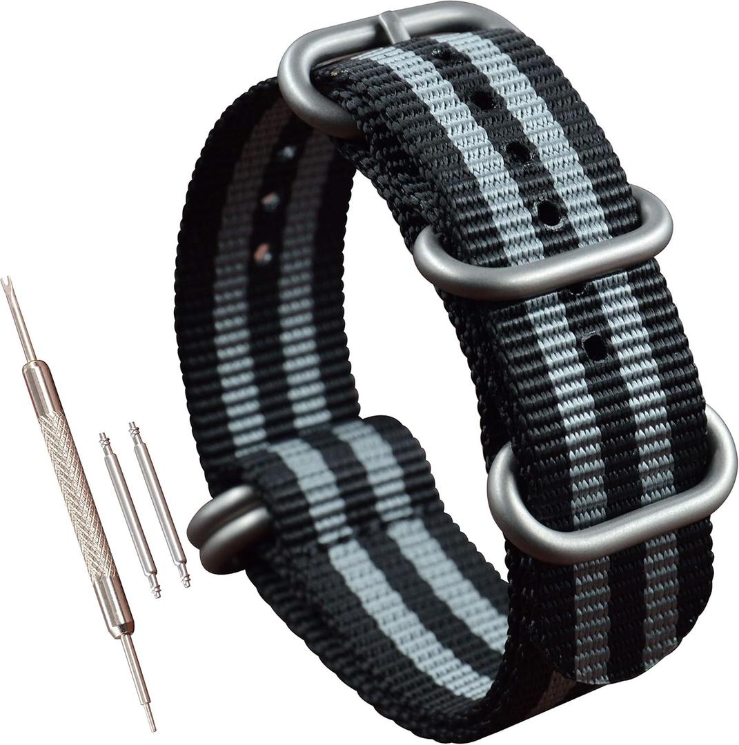 Men's Nylon Watch Band Strap Replacement(18 19 20 21 22 23 24 25 26 28mm) (Black/Grey)