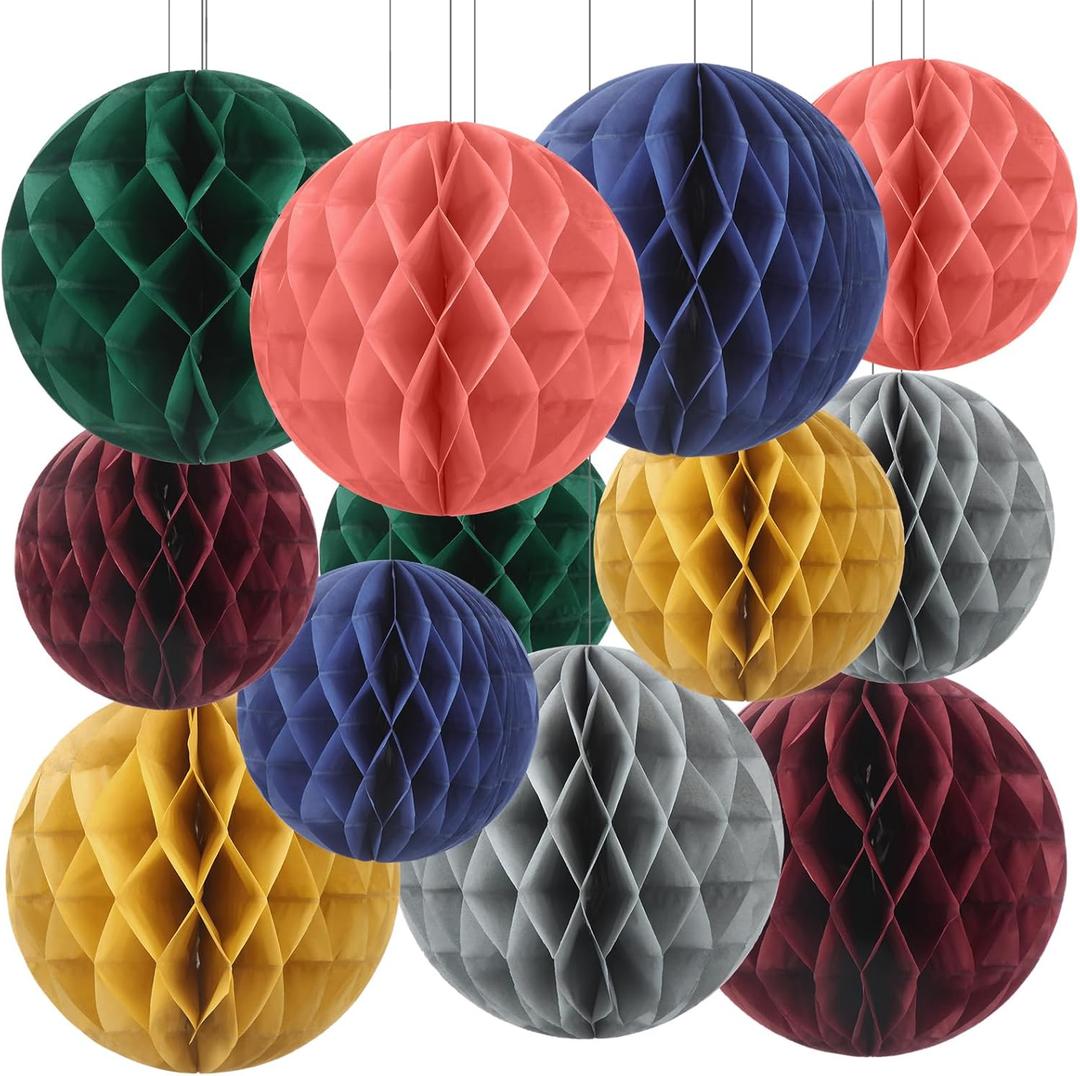 Affrolling 12 Pcs 8" Boho Honeycomb Balls Decoration Hanging Tissue Paper Pom Poms for Halloween Fall Thanksgiving Christmas Party Supplies Birthday Wedding Classroom Home Decor