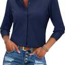 siliteelon Button Down Shirts for Women Dress Shirt Long Sleeve Blouses Stretch Fitted Wrinkle Free Collared Work Tops (Small, Navy Blue)