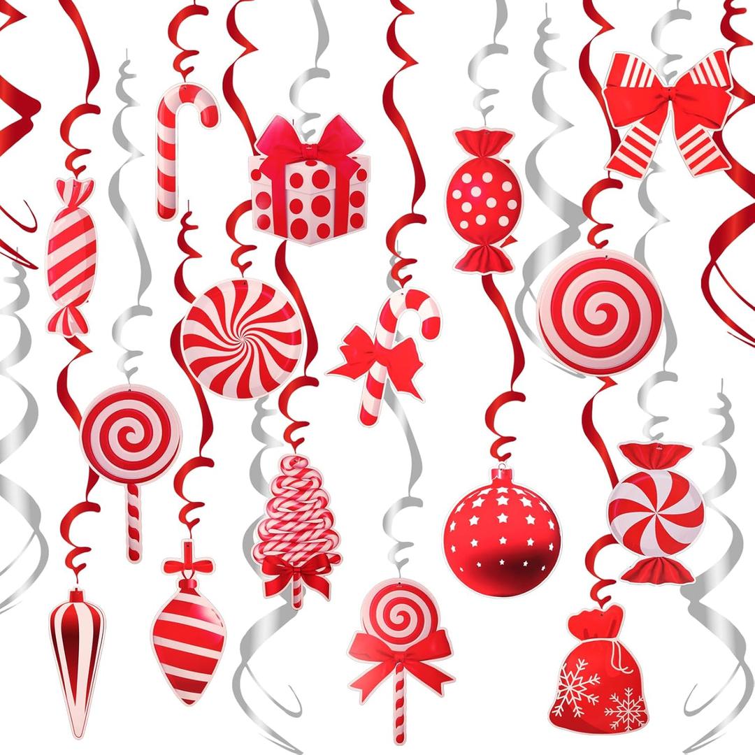 30Pcs Christmas Candy Hanging Swirl Decoration Red and White Xmas Holiday Party Streamers for Home Winter Indoor and Outdoor Decorations